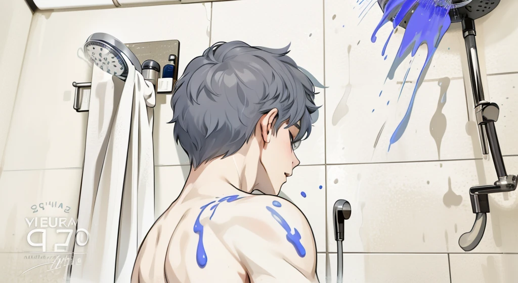 There is a cute young **-****-*** male with gray hair in the shower. The water falls from the shower onto his face and body.