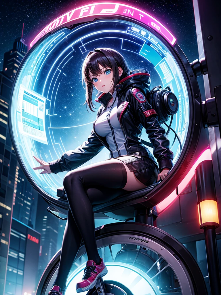 Highest quality,Highest Resolution,Girl from the future,ＳＦCinematic２Traveling on a wheeled machine,Night City,