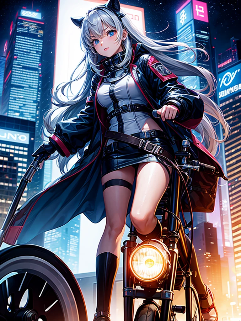 Highest quality,Highest Resolution,Girl from the future,SFCinematic2Traveling on a wheeled machine,Night City,