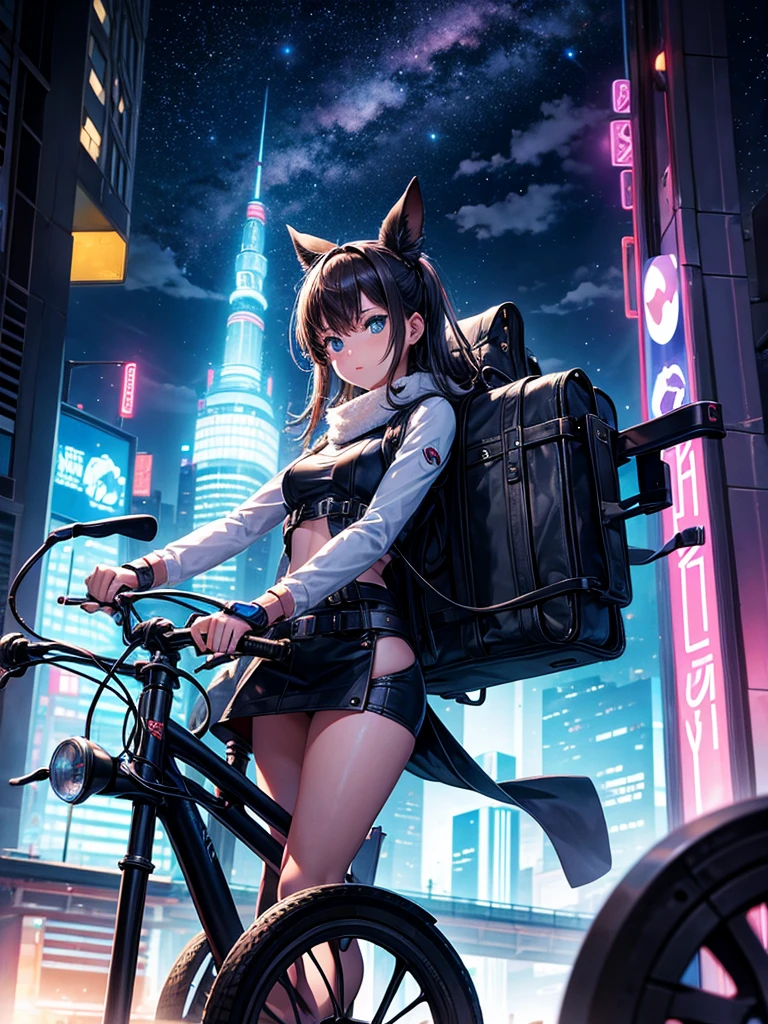Highest quality,Highest Resolution,Girl from the future,SFCinematic2Traveling on a wheeled machine,Night City,
