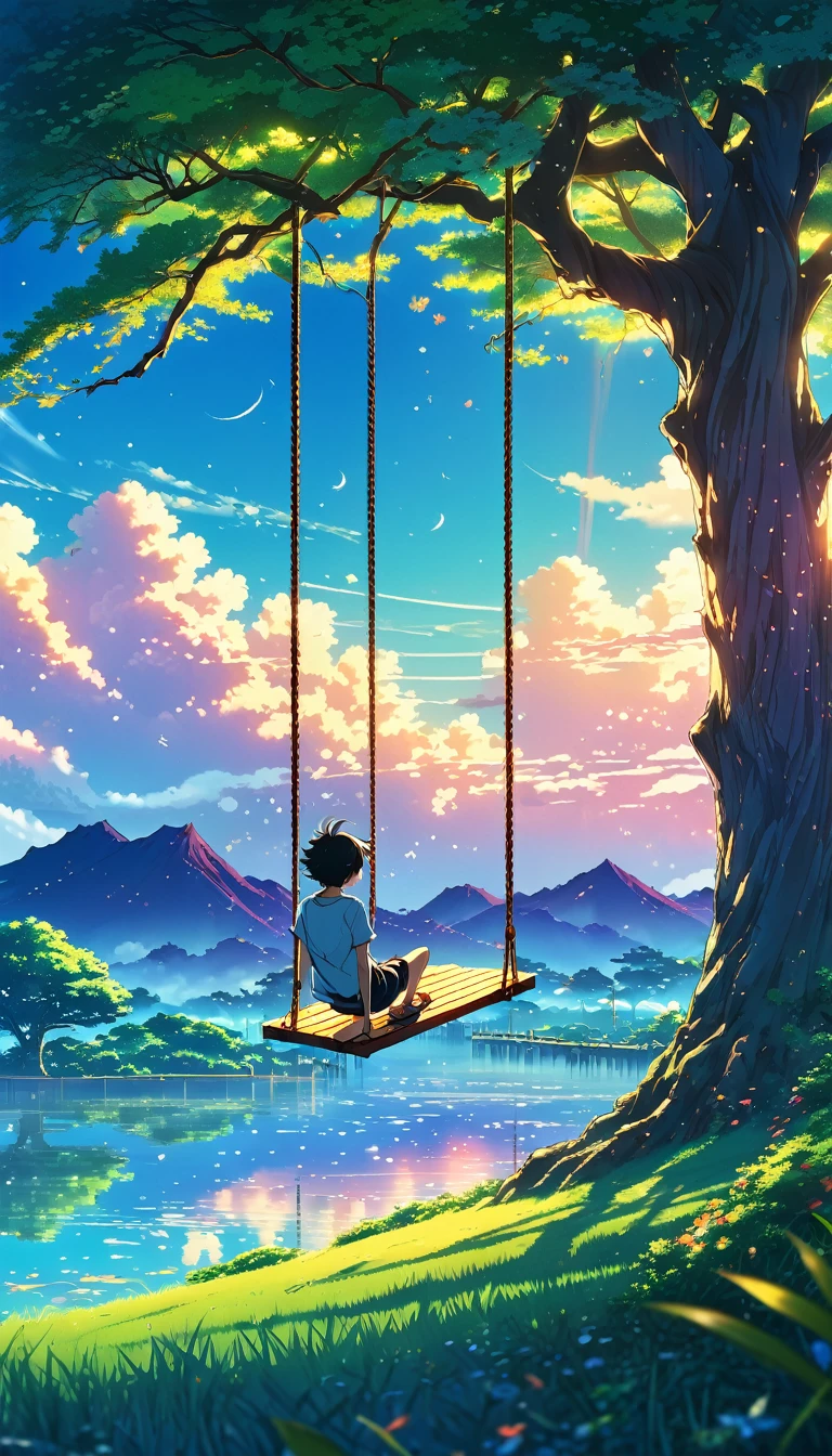 Anime landscape of anime landscape of a boy on a swing in a tree, anime nature wallpaper, Beautiful anime scene, Anime Beautiful Peace Scene, makoto shinkai cyril rolando, Beautiful anime scenery, amazing wallpaper, anime art wallpaper 8K, animated background, animated background art, 4k anime wallpaper, anime art wallpaper 4k, anime art wallpaper 4k, swing on a tree, a beautiful colorful anime scene, seen from afar, a beautiful anime peace scene, makoto shinkai cyril rolando, a beautiful scene of anime, amazing wallpaper, Anime Art Wallpaper 8K, anime background, anime art background, Anime Wallpaper 4k, anime art 4k wallpaper, anime art 4k wallpaper,
