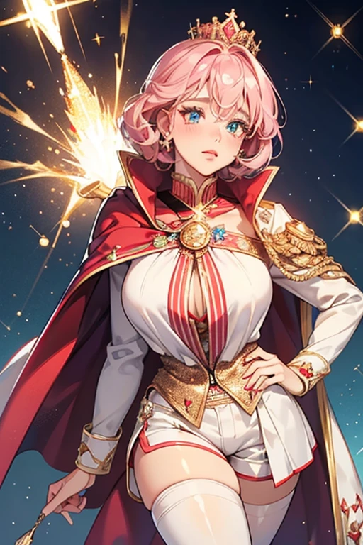 The Queen has pale tanned skin with pale red blushed cheeks and pink lips. She has big, sparkly azure eyes and short black curled hair coated in glitter.
She wears a white zippered top beneath a silver and gold sparkling jacket with a gold lapel and matching short-shorts covered with studs. She also wears a red cape and white cowboy boots. SPARKLE; GLITTER