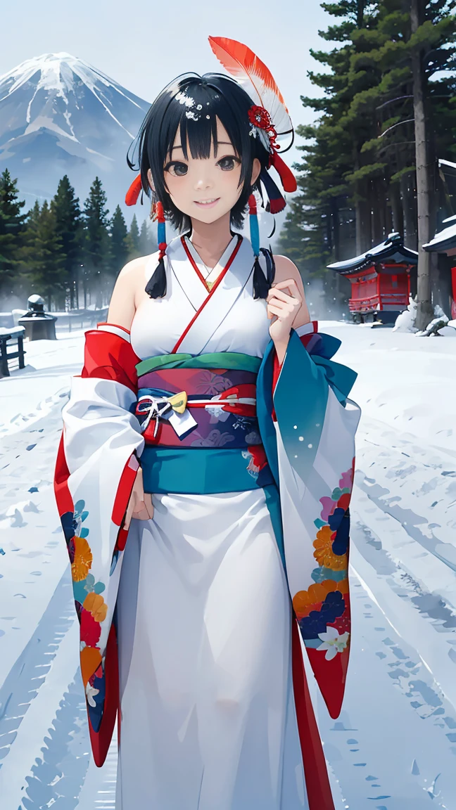 best quality, masterpiece,
Three Japanese high-school short girls with cute style,
looking straight ahead and striking a gutsy pose are standing (separately:1.4), side by side,
wearing a striking(yellow, red, blue, green) kimono with a flower motif,
(white feather shawl around her neck:1.3),
((too much smile)), very cute, face, head and waist fully visible,
upper arms hidden by clothes and hair,
(only one well-shaped beautiful mount Fuji is completely covered with white snow from top to bottom:1.5),
(vermilion shrine entrance:1.2), very thick and large pine trees, winter(season),
Snow is accumulating on the roof and pine trees. ,(outdoors:1.5),
(Japanese kimono:1.7)