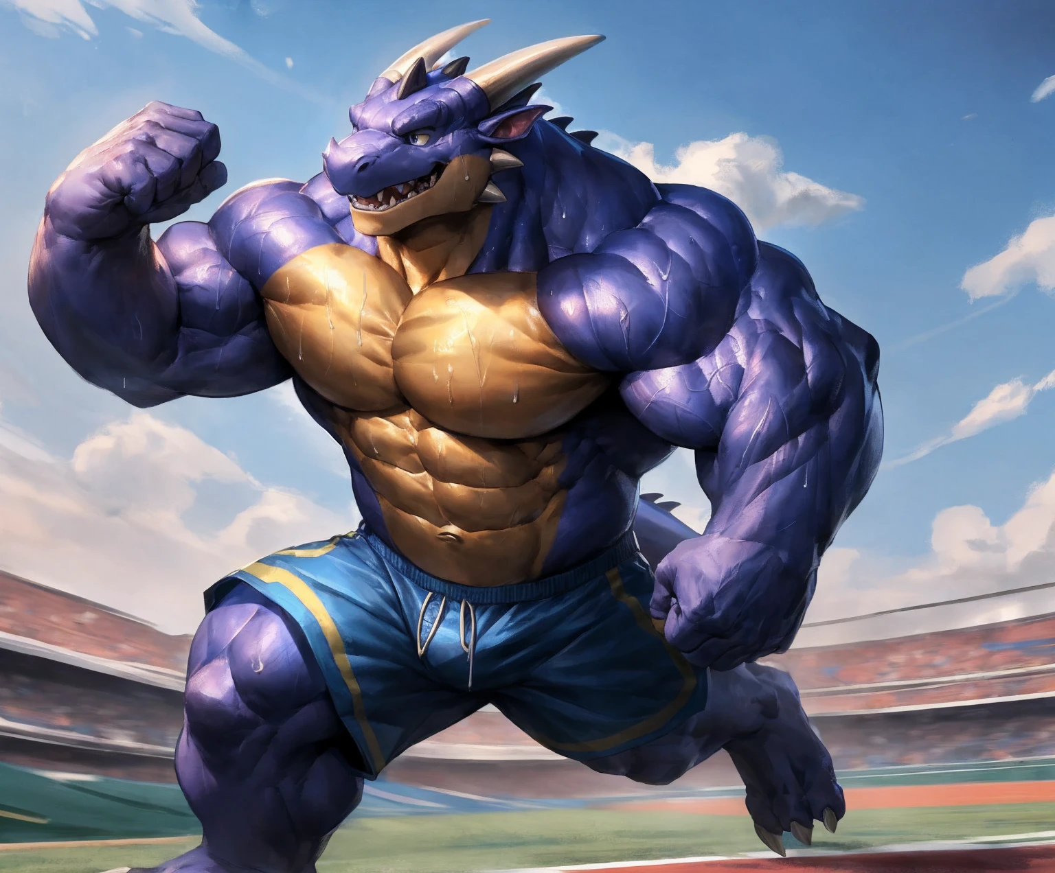 human nature, cannon, male, solitary, ((the strong，Handsome)), (dragon), Chibo，Six-pack abs，(Athletics，Track)，run，Blue shorts，Sweat:1.3，high quality, (4K,high quality, high resolution, masterpiece), cartoon,by lindong