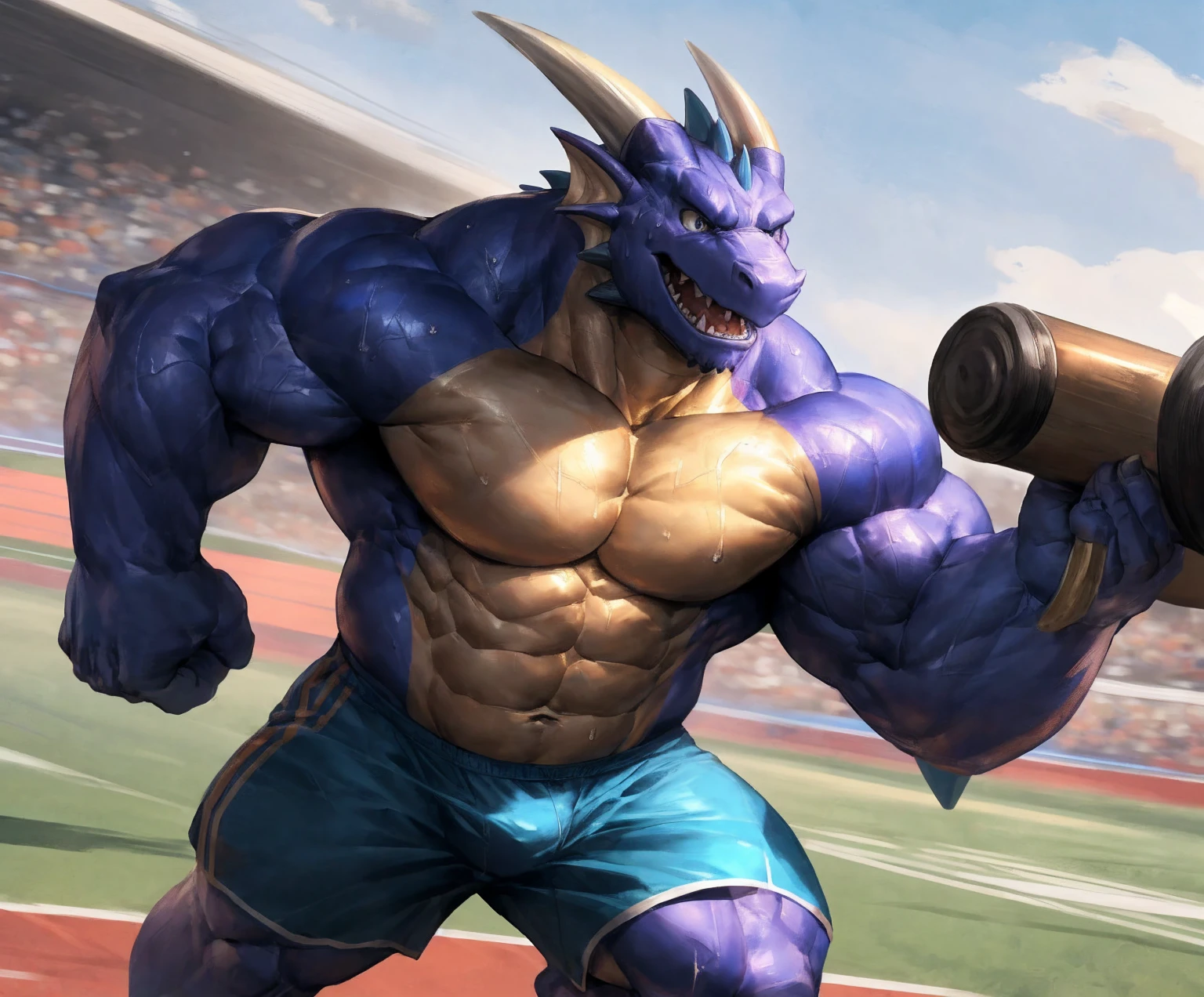 human nature, cannon, male, solitary, ((the strong,Handsome)), (dragon), Chibo,Six-pack abs,(Athletics,Track),run,Blue shorts,Sweat:1.3,high quality, (4K,high quality, high resolution, masterpiece), cartoon,by lindong