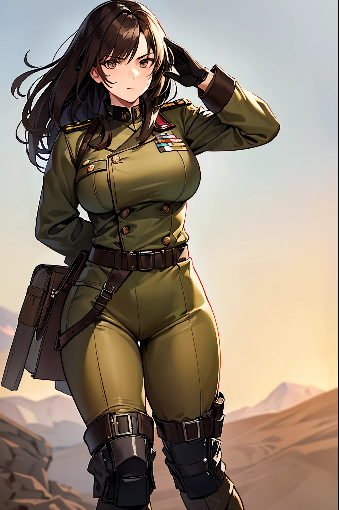 Content:
A black, adult female general with long brown hair and brown eyes. She has a mature face and is wearing a uniform loosely inspired by German military attire. She is saluting the camera with a confident and serious expression, her left hand behind her back.

Medium:
Digital art, anime illustration.

Style:
Pixiv contest winner, fine art, incorporating elements from historical military aesthetics and anime character design to emphasize a confident and mature look. Drawing style references from artists known for their strong, detailed character portrayals like Yoji Shinkawa.

Lighting:
Dramatic, with strong contrasts to highlight her authoritative presence and the details of her uniform. Subtle shadows add depth and realism, emphasizing her serious demeanor.

Colours:
A palette of military greens and browns, with subtle highlights to bring out the texture of the uniform and her facial features. The background is a desert setting, enhancing the military theme.

Composition:
A full-body shot, capturing her mature and confident demeanor. She stands tall and proud, with her right hand raised in a salute and her left hand behind her back. The desert landscape serves as the backdrop, reinforcing her military presence.