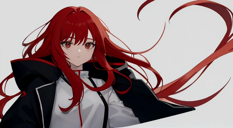 My name is Hikaru, I am a white test female with long red hair and black eyes. I am 1.Height 60cm、Weight 46kg. My chest size is 300cm, My waist is 60cm、My hips are 200cm. Wearing a tight black long coat, Hooded winter jacket and warm pants. cyborg