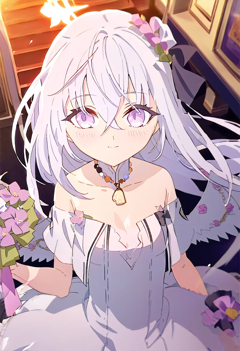 azusa \(blue archive\),1girl 1other alternate_costume angel_wings bare_shoulders blush bouquet breasts bridal_veil bride cleavage closed_mouth collarbone dress feathered_wings flower hair_between_eyes halo holding holding_bouquet jewelry long_hair looking_at_viewer medium_breasts necklace out_of_frame pink_flower pink_rose pov pov_hands purple_eyes rose solo_focus strapless strapless_dress veil very_long_hair wedding_dress white_dress white_flower white_hair white_rose white_wings wings small_breasts smile close_eyes