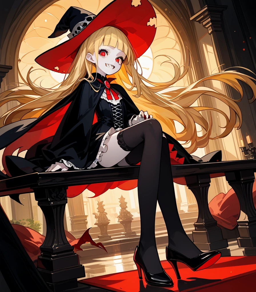 (masterpiece),(best quality),very aesthetic,(ultra-detailed),(illustration),(degenerate),nsfw,1girl,10 years old,vampire,witch,europian,slender,red alluring eyes,tsurime,(blonde hair,very long hair,blunt bangs,straight hair),flat chest,sharp teeth,(squinting eyes:0.7),condescending look,open mouth,smirk,doyagao,An elegant gothic lolita black dress,toxic bloody colored lace panties,black thighhighs,(pointy witch hat),high heels,(vampirecape,cape,cloak),inroom,reclining on couch,Lascivious atmosphere,fantasic atmosphere,Old furnishings,holding a strawberry juice glass,dark fantasy,wind,cowboy shot