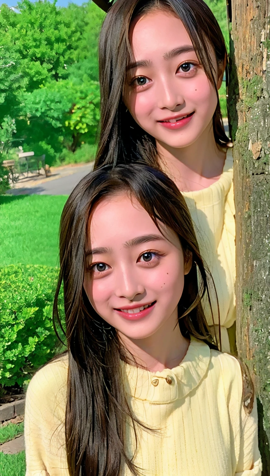 cowboy shot,Ultra-high resolution,big eyes,(brown eyes),Japanese,(forehead),(a girl),(1 girl),((17 years old)),((cute)),pretty,((facing at viewer)),arms behind back,grin,outdoor