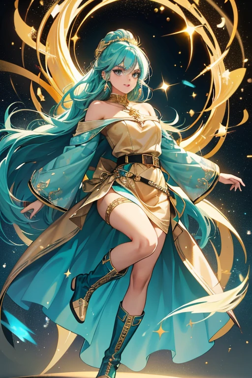Luxe has medium brown skin, teal eyes with star highlights, gold eyebrows, gold lips, sparkly gold eyeshadow, and gold hair in a swirl with light teal streaks. She wears a metallic blue and gold dress with a black belt, and gold cowgirl boots. SPARKLE; GLITTER