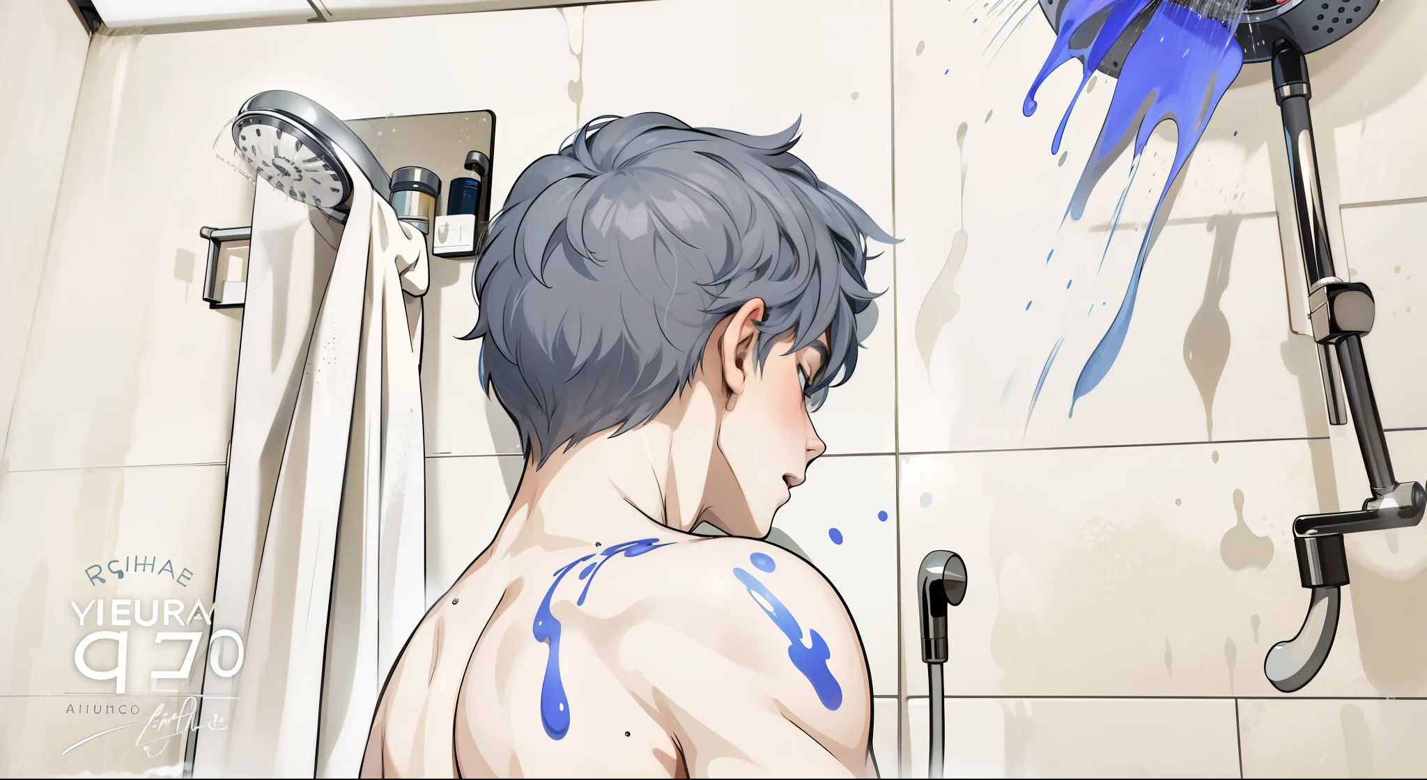 There is a cute young 17-year-old male with gray hair in the shower. The water falls from the shower onto his face and body.