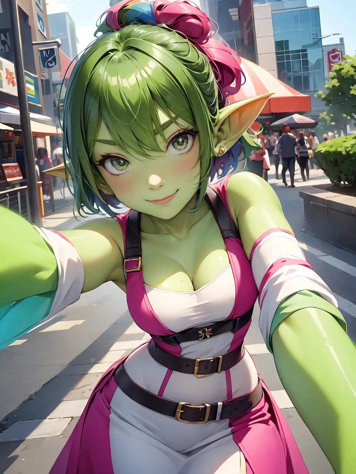 1 girl, short hair, green goblin girl, green skin, small pointy ears, (rainbow hair), fashionable urban clothes, smiling, outdoors in tokyo, taking a selfie, influencer,