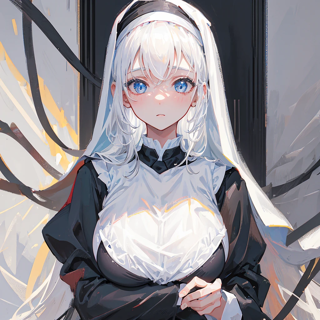 A girl,Dressed in black and white,nun,Dressed elegantly,Big breasts,((Pure white background))
