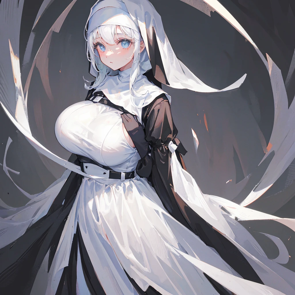A girl,Dressed in black and white,nun,Dressed elegantly,Big breasts,((Pure white background))