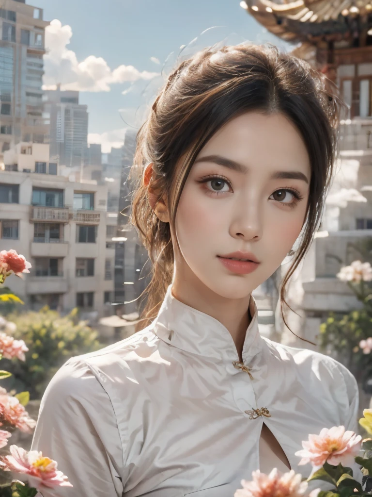 zhongfenghua, 1 Girl, only, Hanfu, antique_China_architecture, Flower Field, Floral, (White smoke:1.3) (Realistic Portraits:1.4), tangled, Mandala, twist, Official Art, Unity 8k Wallpaper, Ultra Detailed, Beautiful and beautiful, masterpiece,best quality, (Dynamic Angle:1.4), Shiny skin, (Colorful sparks floating:1) The most beautiful form of chaos, elegant, Barbarian design, Vibrant colors, Exotic romance, Depth of Field._dance, Red flowers