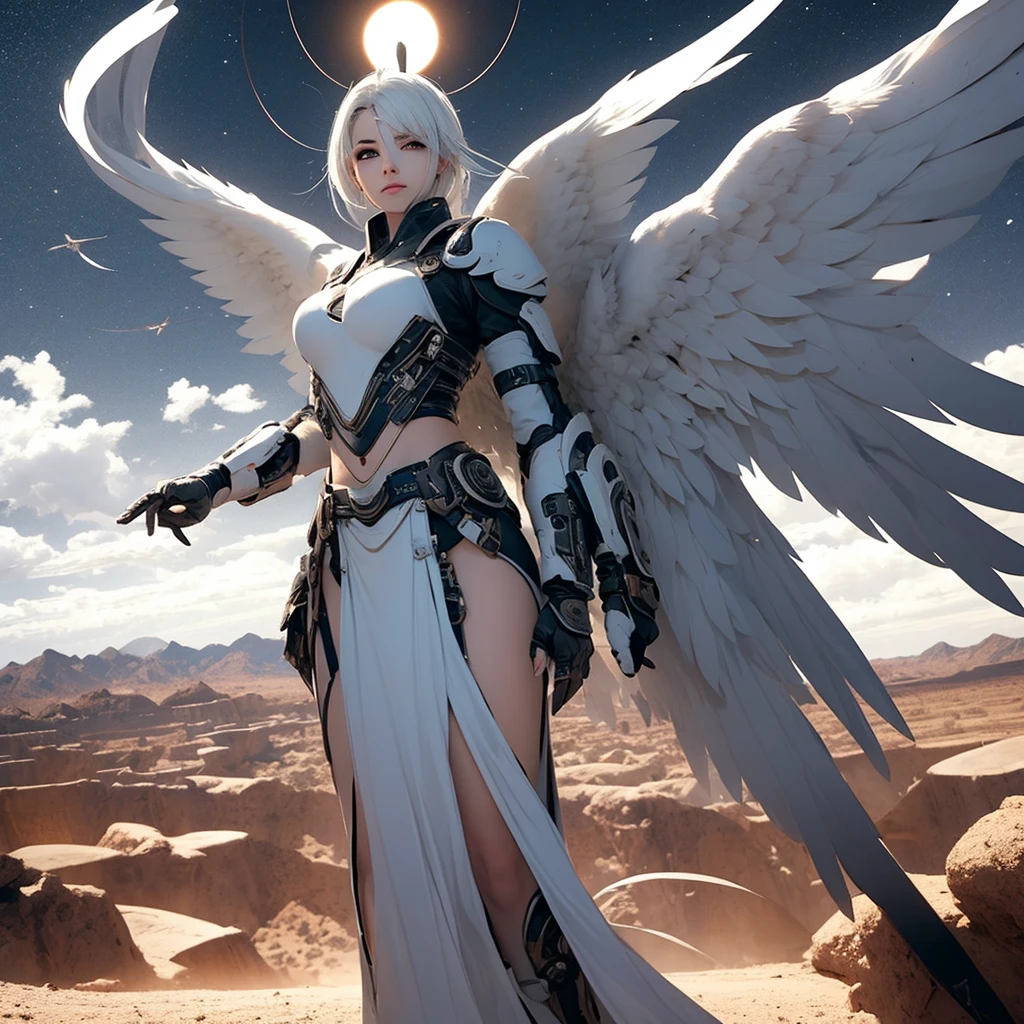 A female angel with black wings and white hair, in the middle of the desert, during an eclipse, during at night, character in the center of the image