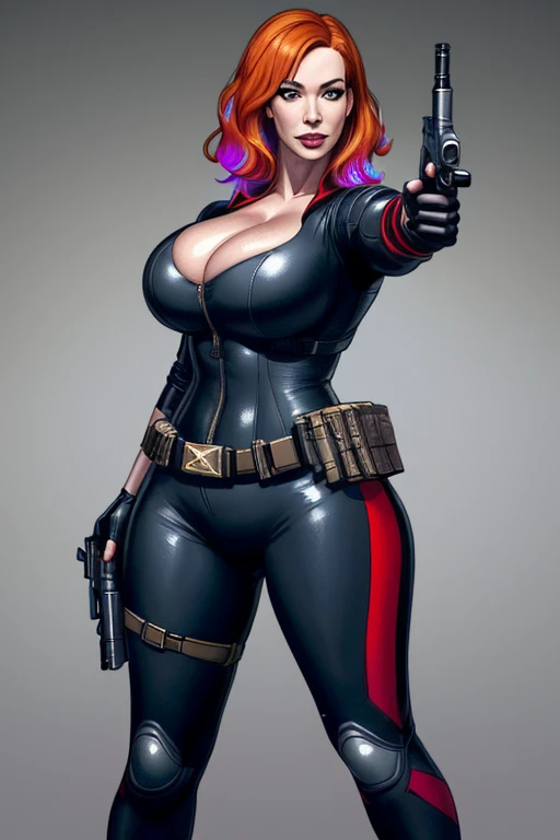 Christina Hendricks as an video game character, alluring 48 year old woman, High-quality facial research of Christina Hendricks, (Christina's sculpted cheekbones and slight wrinkles around the face), High-quality detailed research of Christina Hendricks voluptuous figure. ((aiming at the viewer with a gun)), skin-tight black leather suit, utility belt, two pistols, ((holding a handgun)), (((decent looking gun)))). Whole body, Casual pose, Beautiful pose, (Extremely detailed CG 8k wallpaper), (Extremely delicate and beautiful), (Masterpiece), (Best quality: 1.0), (Ultra-high resolution: 1.0), Beautiful lighting, Perfect lighting, Realistic shadows, [high resolution], Detailed skin, Super detailed (((Colorful))), Digital art, Splinter Cell concept art, full body concept art, Expert concept art with high detail, concept-art, stealth game concept art, concept-art, Bruno Gauthier Leblanc style, Video game concept art, 4K, full body portrait