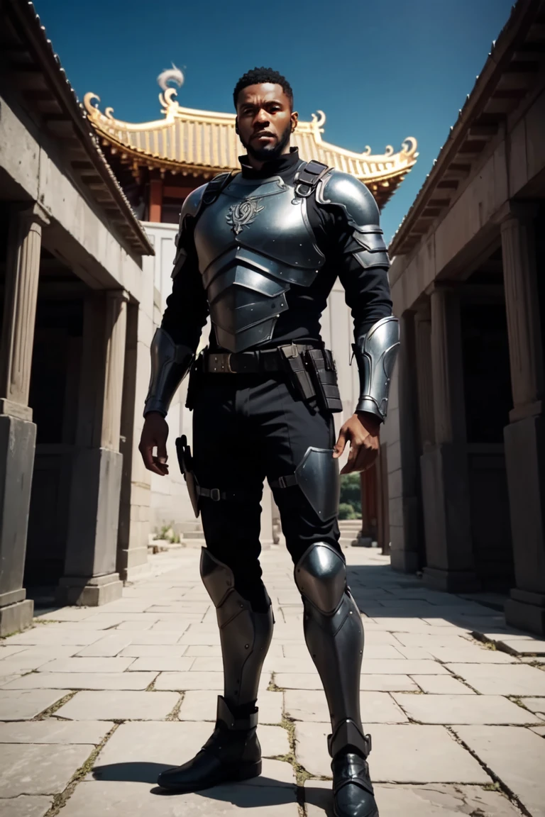 A black gentleman posing, looking at the viewer, (Alone), light full body armor, a perfect dragon eye inlay on the chest, Standing, full body shot, in a temple in the background, anime screencap, Masterpiece, The best quality