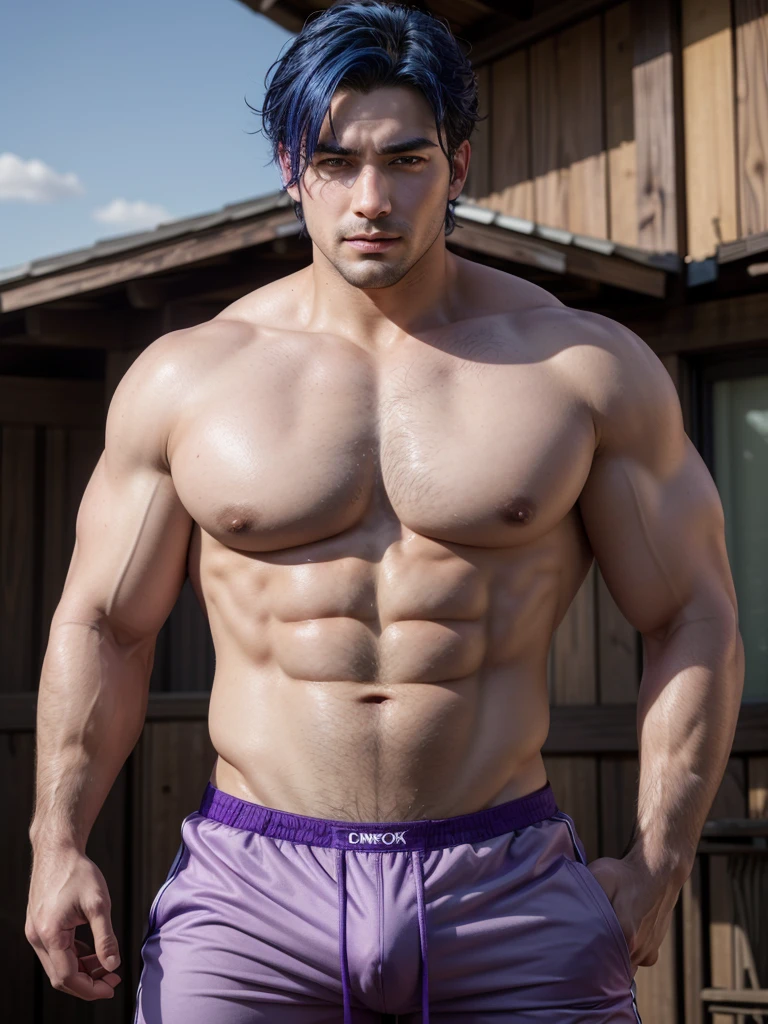 An attractive cowboy man with some belly fat, and big pecs with brown eyes, blue hair with purple touches on a hot day, in red and purple underwear