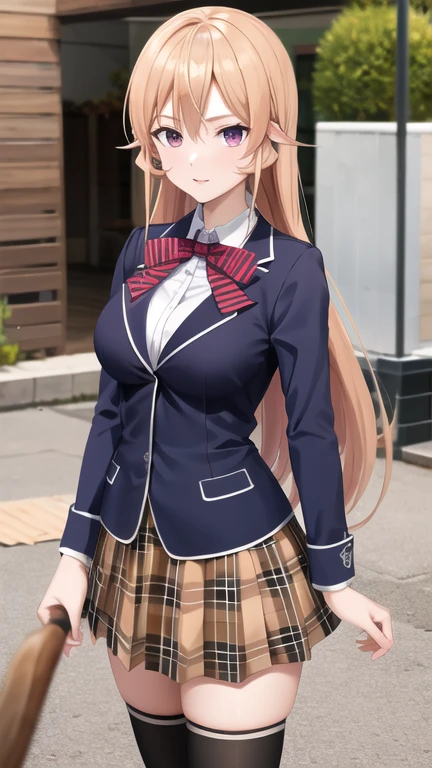 masterpiece, best quality, highres, Nakiri Erina, long hair, red bow, striped bow, blazer, blue jacket, long sleeves, plaid skirt, brown skirt, black thighhighs, outdoors, cowboy shot, standing, looking at viewer,