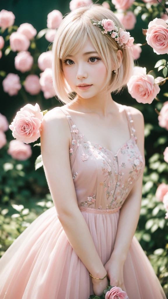 8K, RAW Photos, Fujifilm, Avril-like style photo of a beautiful young woman in a garden of pale pink roses (Highly detailed skin: 1.2) Style Petal Break Short Hair, Blonde and colored hair, Wearing a dress, Film Granulation, 35mm, Cute Style
