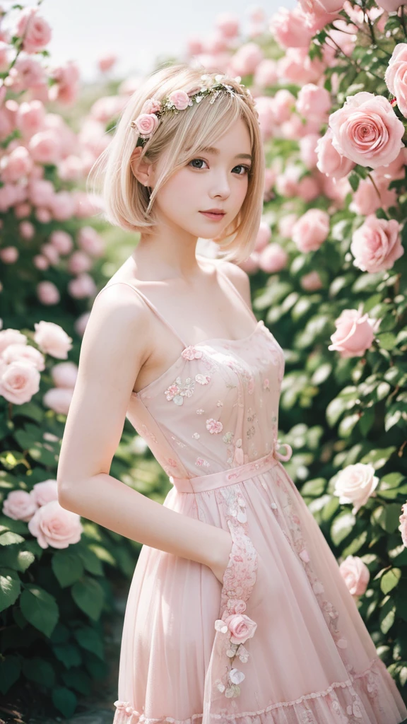8K, RAW Photos, Fujifilm, Avril-like style photo of a beautiful young woman in a garden of pale pink roses (Highly detailed skin: 1.2) Style Petal Break Short Hair, Blonde and colored hair, Wearing a dress, Film Granulation, 35mm, Cute Style