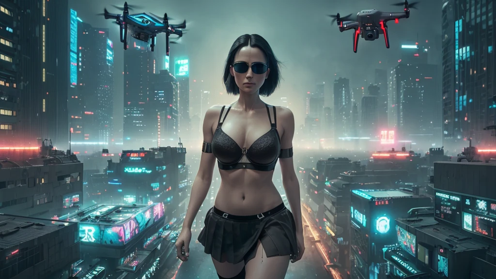 20-year old large-breast woman with cleavage:1.4, 1woman, solo, 3D neon art of a woman's body, (with low angle view), (((((matrix style black micro sunglasses, black bra and very short black miniskirt, white G-string panty))))), (((aiming with a short gun))), (looking at camera), aerial view of blade runner neon-noir city background, (((Matrix cascading code))), (((1drone alone above city))), perfect composition, beautiful detailed intricate insanely detailed octane render trending on artstation, 8K artistic photography, photorealistic concept art, soft natural volumetric cinematic perfect light, chiaroscuro, award-winning photograph, masterpiece, oil on canvas, Raphael, Caravaggio, Greg Rutkowski, Beeple, Beksinski, Giger