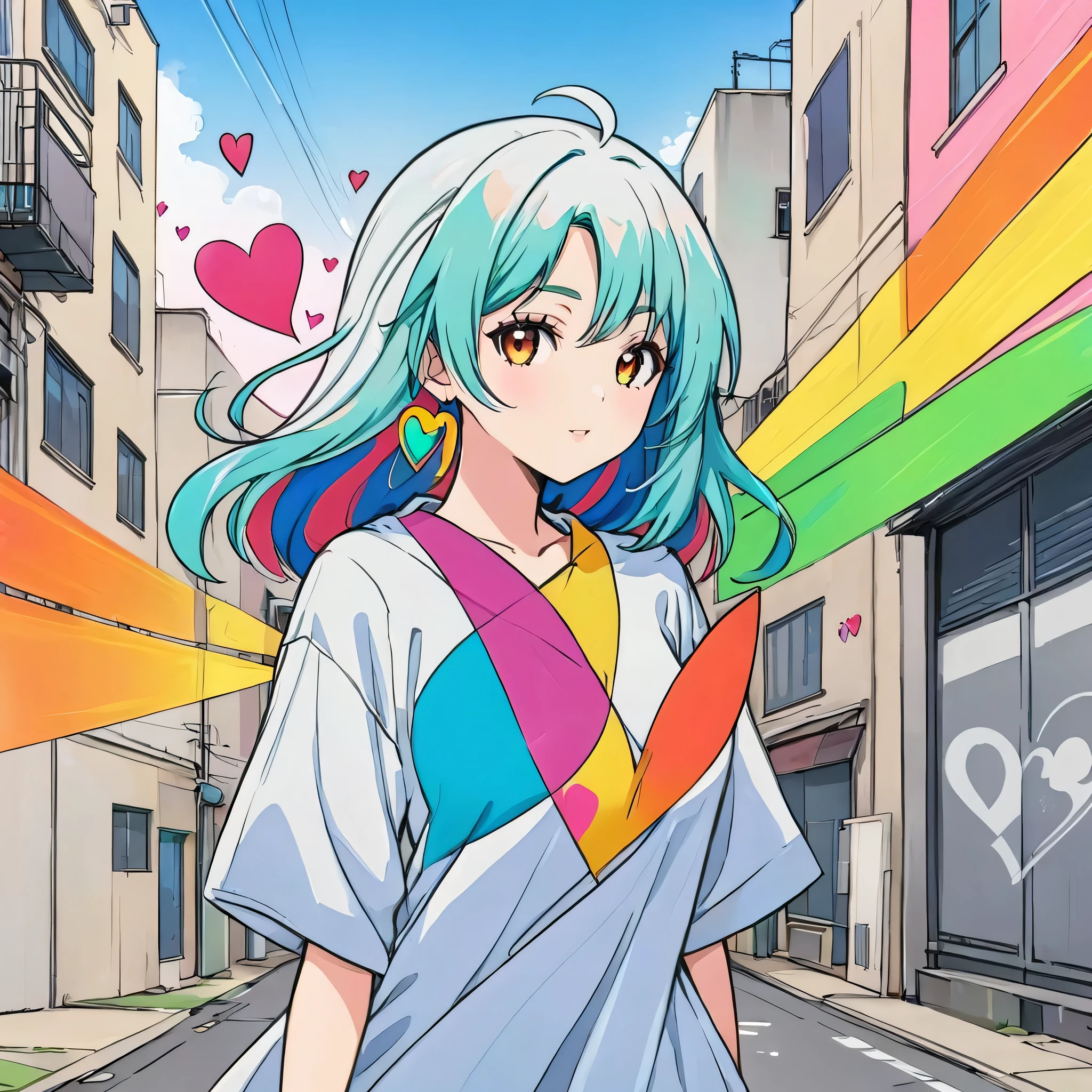 Seizo Watase style, Simple Line Initialism,Abstract art,Urban Background, colorful hearts ,(((The most beautiful girl of all time))),