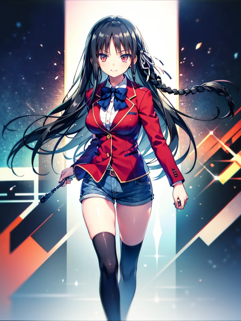 (8K, Highest quality, Highest quality, masterpiece), aasuzune, long hair, black hair, (single braid:1.2), hair ribbon, red jacket, blazer, blue bowtie, long sleeves, black thighhighs, smile, denim hot shorts, mini shorts, big breasts