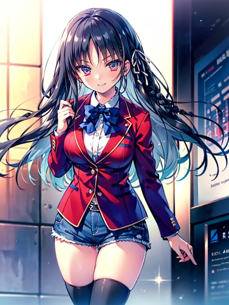 (8K, Highest quality, Highest quality, masterpiece), aasuzune, long hair, black hair, (single braid:1.2), hair ribbon, red jacket, blazer, blue bowtie, long sleeves, black thighhighs, smile, denim hot shorts, mini shorts, big breasts