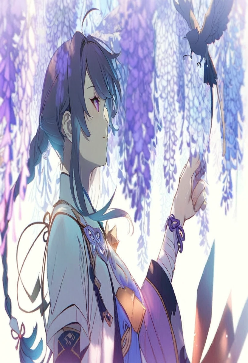 Anime girl with long hair and a purple dress holding a bird, inspired by Okumura Masanobu, ayaka genshin impact, keqing from genshin impact, zhongli from genshin impact, ayaka game genshin impact, genshin, Shigenori Soejima illustration, Hijikata Toshiro, Best anime 4k konachan wallpaper