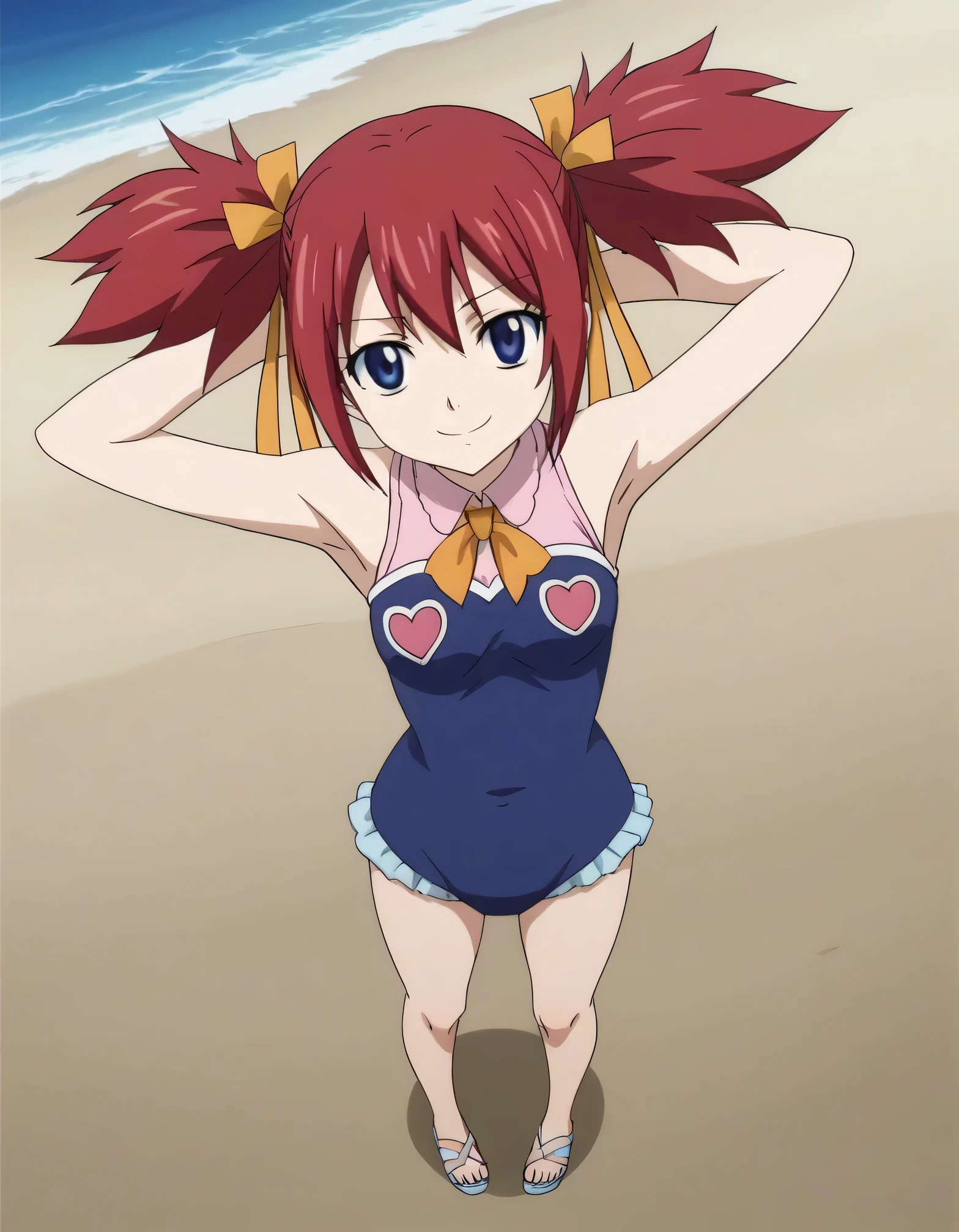 chelia_blendy, source_anime, rating_safe, intricate details, anime screencap, anime coloring, 1girl, solo, red hair, blue eyes, ribbon, hair ribbon, twintails, short twintails, looking at viewer, solo, contrapposto, spread armpit, arms behind head, smile, looking at viewer, full body, closed mouth, night sky, beach, high quality,
