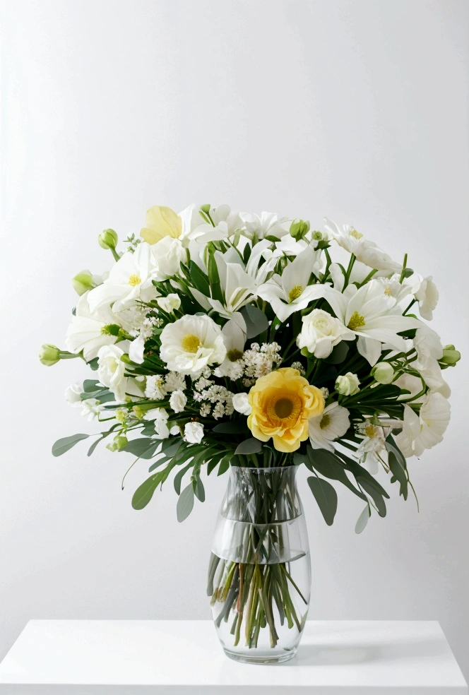 White background,a bouquet, Made of flowers, Perfect minimalist composition, , elegant composition, Beautiful composition 3-d 4k, Background still life photo