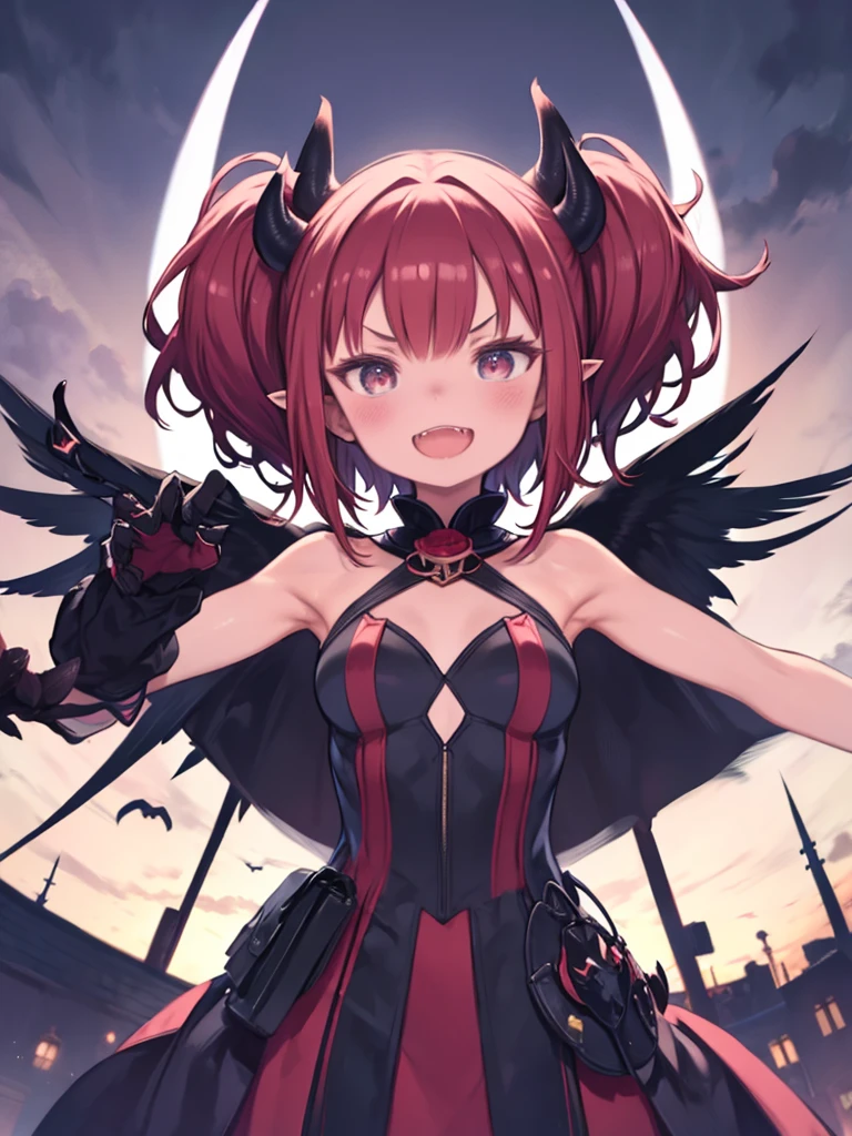 Devilish Girl、Revealing clothing、large bat wings、Red Hair、Short Hair、Bouncy hair、Twin tails、Big Mouth、Laugh with your mouth wide open、Big fangs、Long, pointy claws、V-shaped eyebrows、night、Purple Clouds、Angle from below、Red Moon、Thunderbolt、落thunder、thunder、Sharp corners、Pointed Ears、Upper Body、Open your arms wide、Front view、