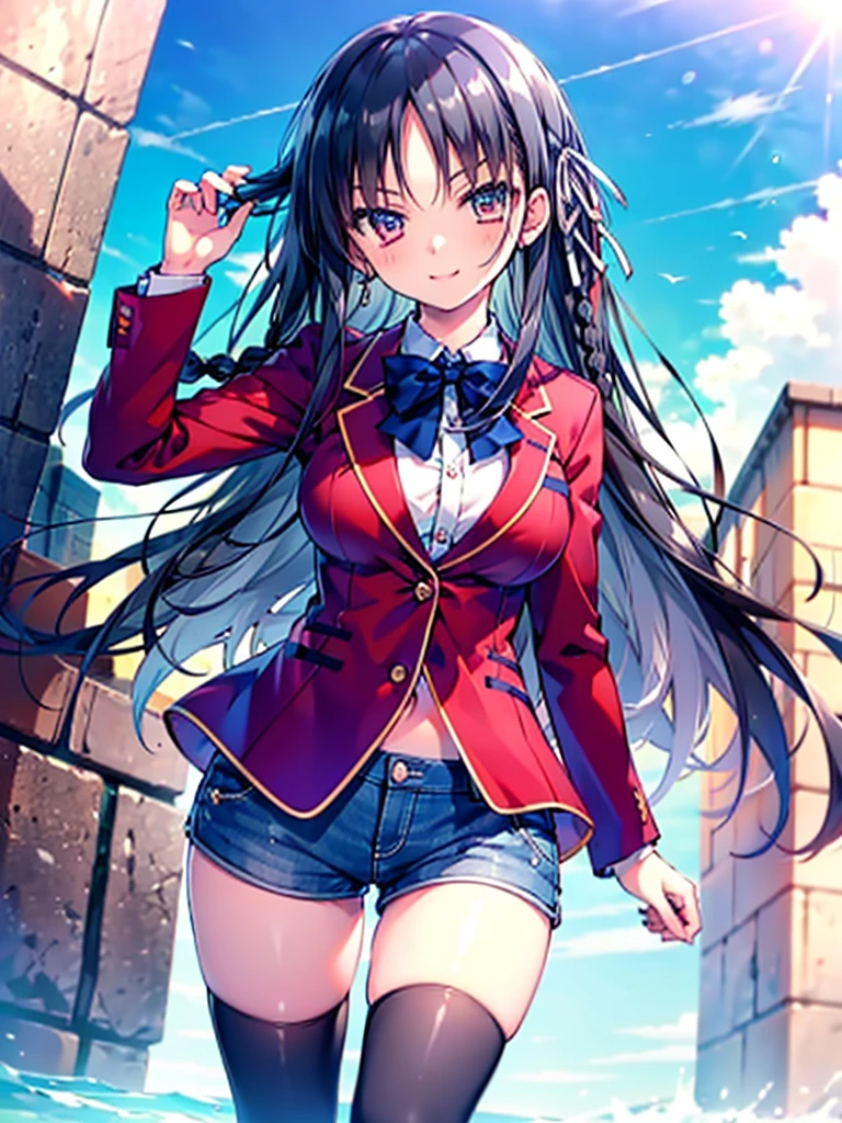 (8K, Highest quality, Highest quality, masterpiece), aasuzune, long hair, black hair, (single braid:1.2), hair ribbon, red jacket, blazer, blue bowtie, long sleeves, black thighhighs, smile, denim hot shorts, mini shorts, big breasts