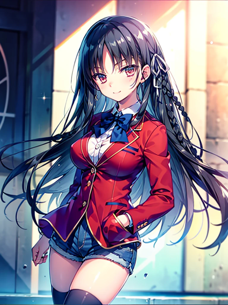 (8K, Highest quality, Highest quality, masterpiece), aasuzune, long hair, black hair, (single braid:1.2), hair ribbon, red jacket, blazer, blue bowtie, long sleeves, black thighhighs, smile, denim hot shorts, mini shorts, big breasts