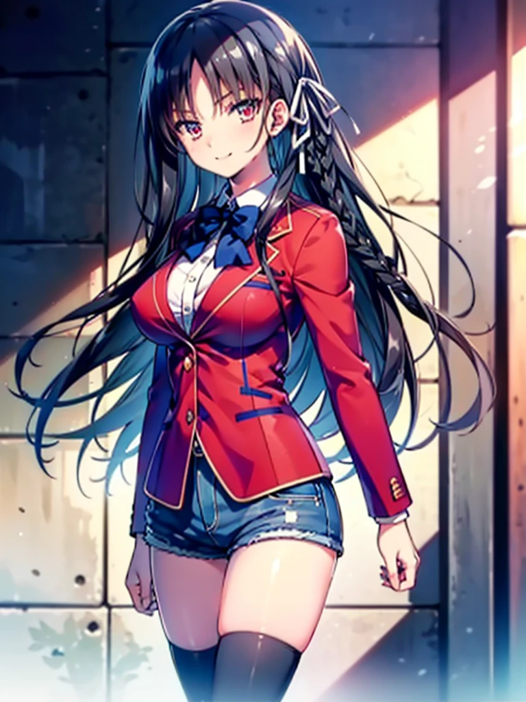 (8K, Highest quality, Highest quality, masterpiece), aasuzune, long hair, black hair, (single braid:1.2), hair ribbon, red jacket, blazer, blue bowtie, long sleeves, black thighhighs, smile, denim hot shorts, mini shorts, big breasts