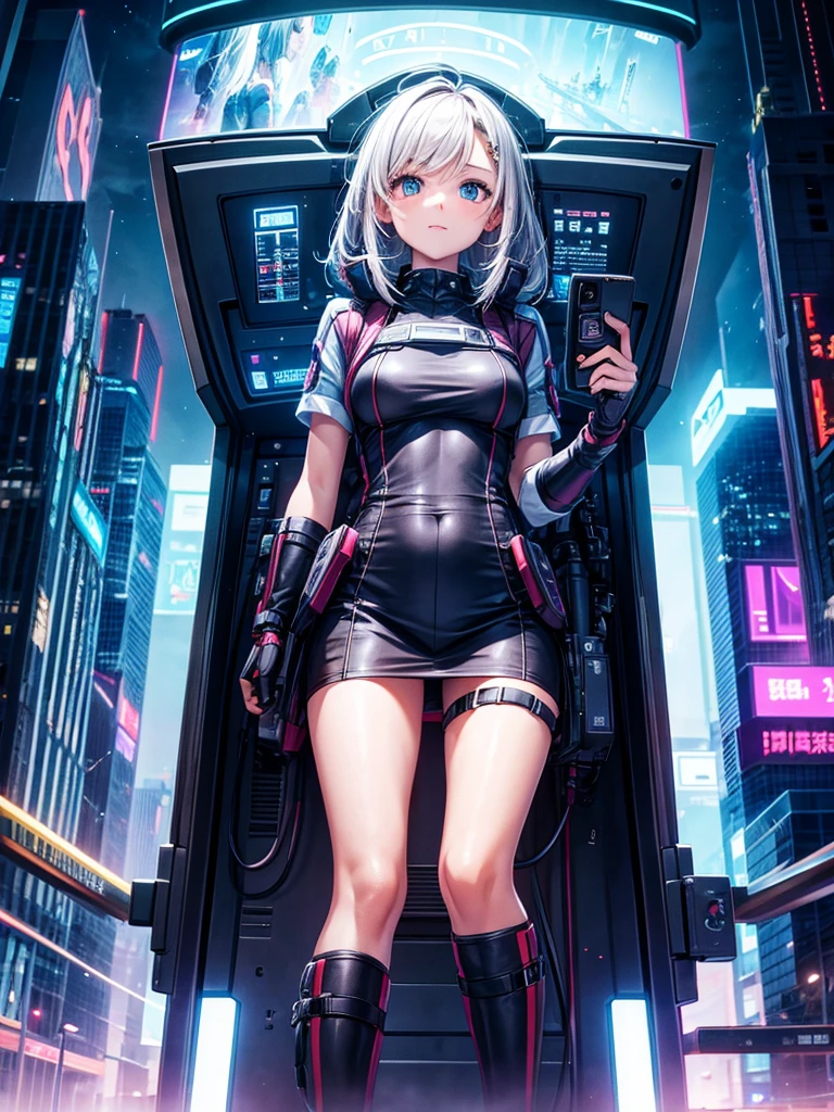 (((​masterpiece)))、(((top-quality)))、((ultra-definition))、(High Definition CG Illustration)、((extremely delicate and beautiful))、City of the Future、Cyber Girl Flying in the Sky、, Cinematic Light、cyberpunked、animesque、trending on artstationh、Rachel Walker、