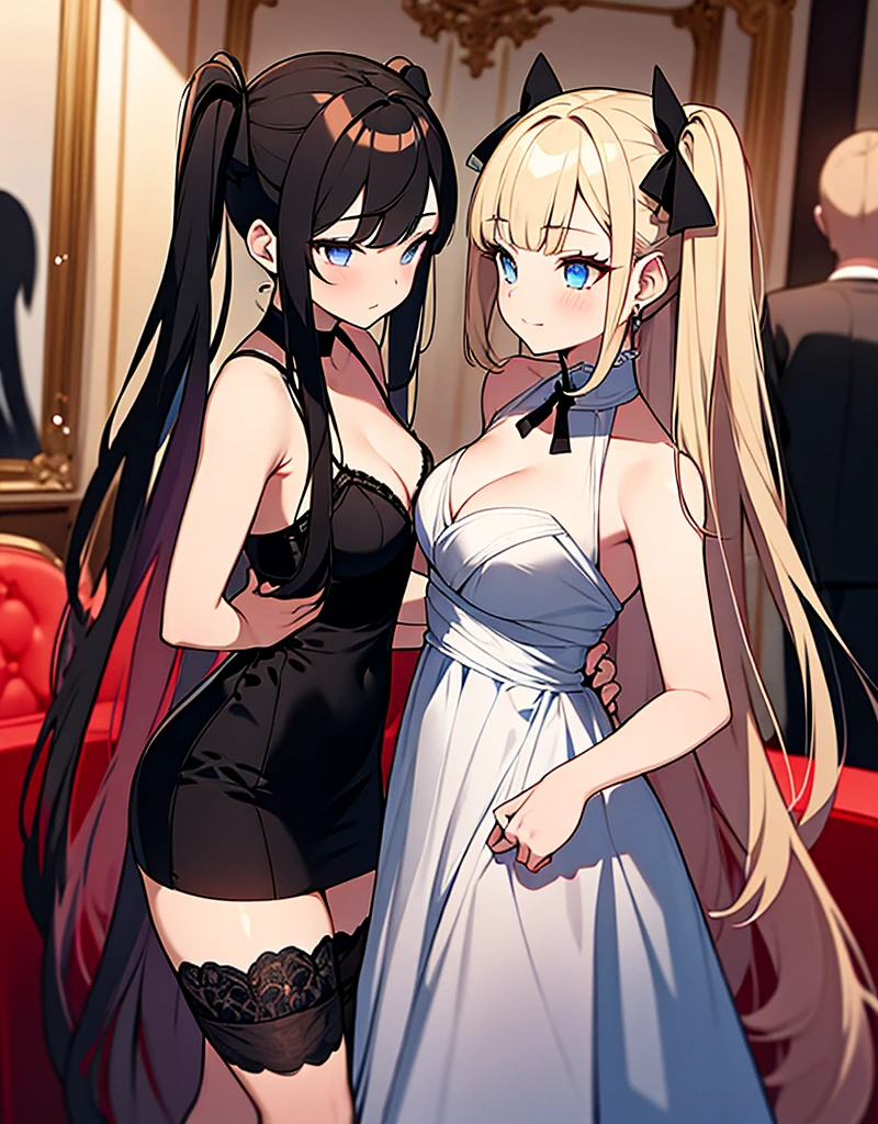 an adult girl, She has two pigtails falling over her shoulders, decorated with black ribbons, SHE HAS BLONDE HAIR, blue eyes and a very elegant and very long black dress for a gala dinner with a cut that allows her to show her leg, wears beautiful evening makeup, next to another girl with loose black hair and straight bangs, eyes and dressed in a stunning red ball gown, dancing together in the middle of a gala dinner, the intense red of the black-haired girl, stand out from the crowd 