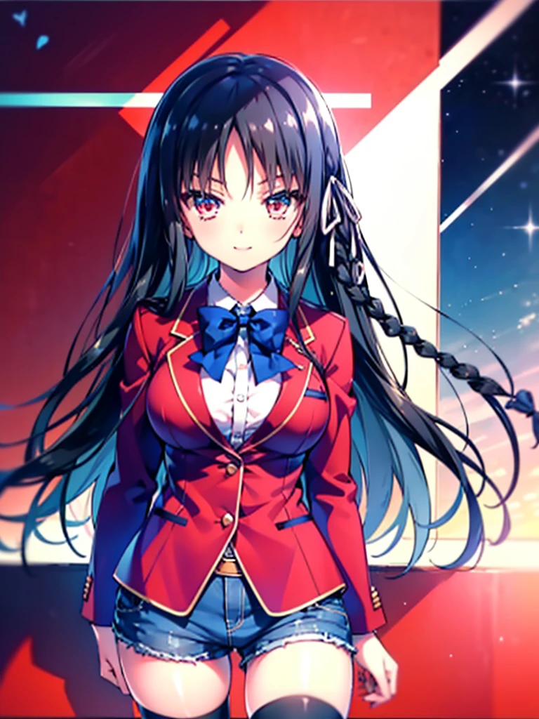 (8K, Highest quality, Highest quality, masterpiece), aasuzune, long hair, black hair, (single braid:1.2), hair ribbon, red jacket, blazer, blue bowtie, long sleeves, black thighhighs, smile, denim hot shorts, mini shorts, big breasts