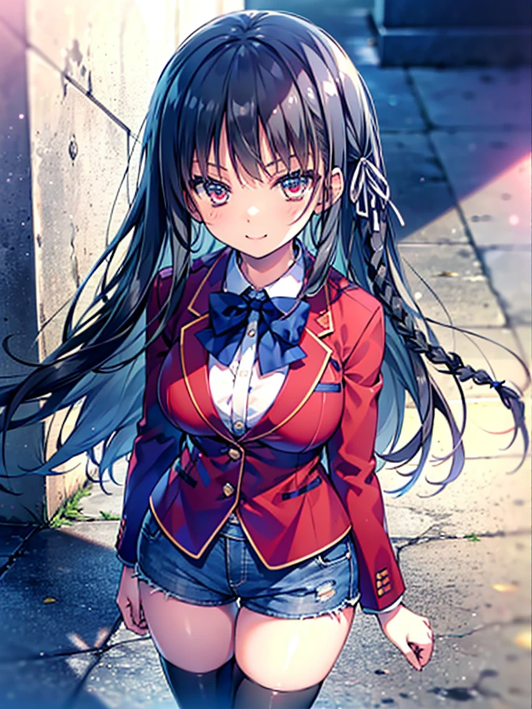 (8K, Highest quality, Highest quality, masterpiece), aasuzune, long hair, black hair, (single braid:1.2), hair ribbon, red jacket, blazer, blue bowtie, long sleeves, black thighhighs, smile, denim hot shorts, mini shorts, big breasts