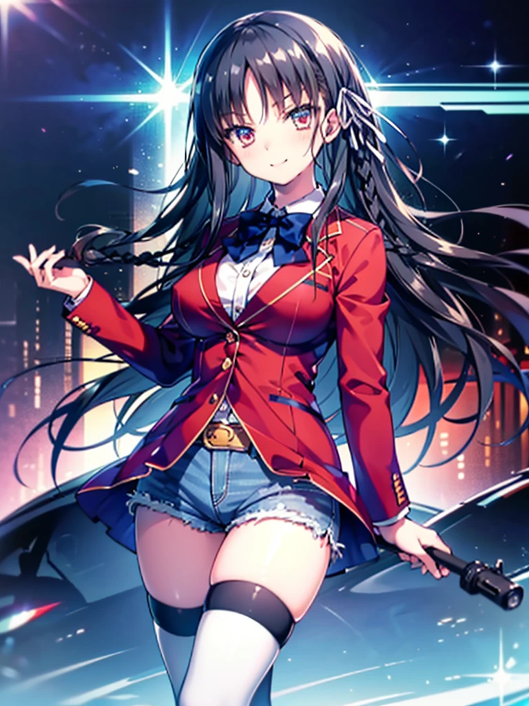 (8K, Highest quality, Highest quality, masterpiece), aasuzune, long hair, black hair, (single braid:1.2), hair ribbon, red jacket, blazer, blue bowtie, long sleeves, black thighhighs, smile, denim hot shorts, mini shorts, big breasts