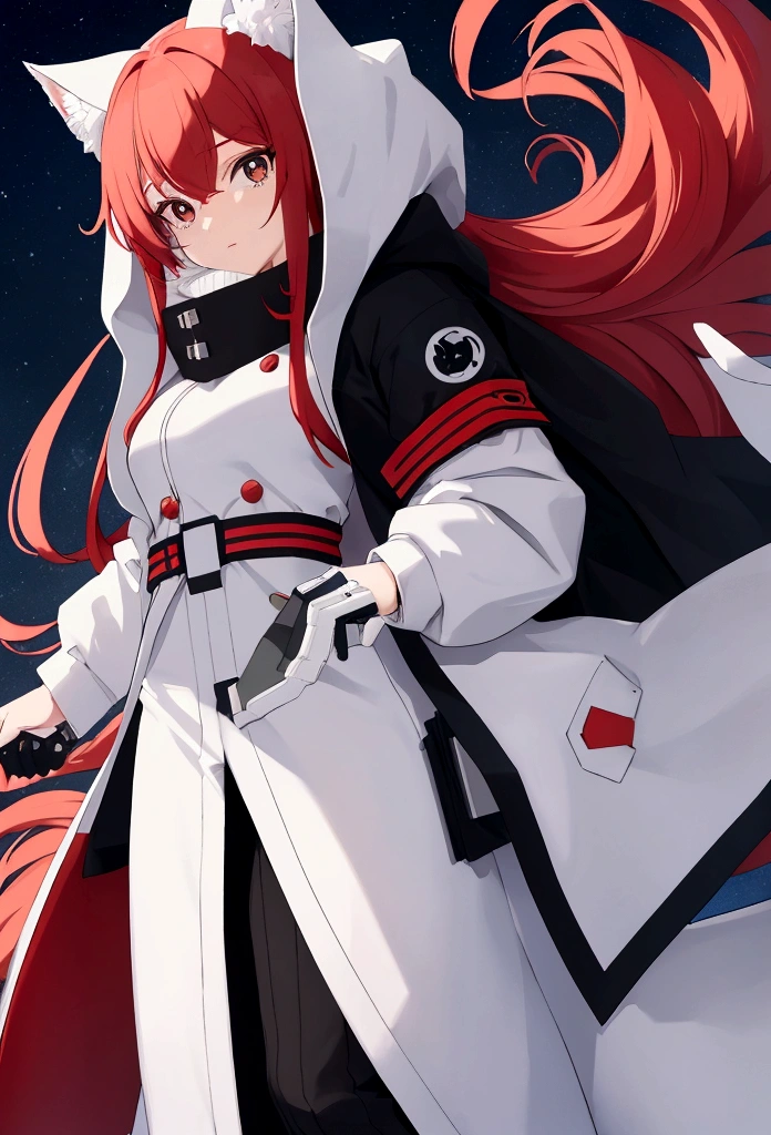 My name is Hikaru, I am a white test female with long red hair and black eyes. I am 1.Height 60cm、Weight 46kg. My chest size is 300cm, My waist is 60cm、My hips are 200cm. Wearing a tight black long coat, Hooded winter jacket and warm pants. Cyborgization