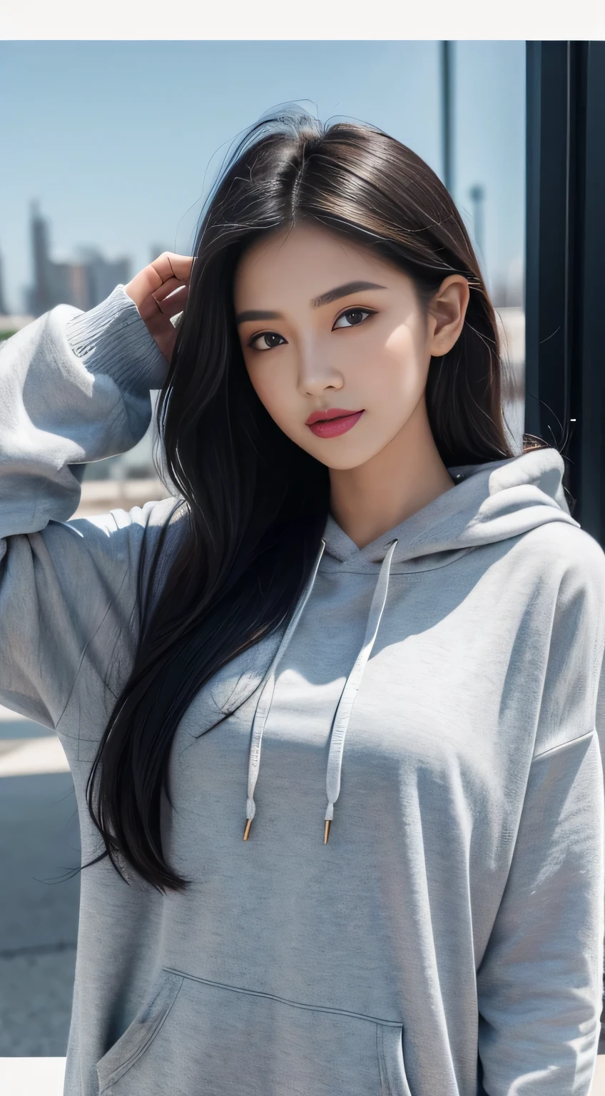 black hair, hair bobbles, wince, longeyelashes, solid circle eyes, light smile, ear blush, fang, ccurate, Surrealism, drop shadow, anaglyph, stereogram, tachi-e, pov, atmospheric perspective, 8k, super detail, best quality, best quality, high details, anatomically correct, UHD, retina, high quality, highres, textured skin, masterpiece, accurate, super detail, award winning,A man wearing a hoodie、Araf (Arav) A woman with long black hair poses for a photo, Ulzan, Larissa Manobar, Sakimichan, Watch Live 666, tzuyu from times, Black Pink'Larissa Manoban, Inspired by Ma Yuanyu, Use your index finger, Lee Ji-eun plays the super villain