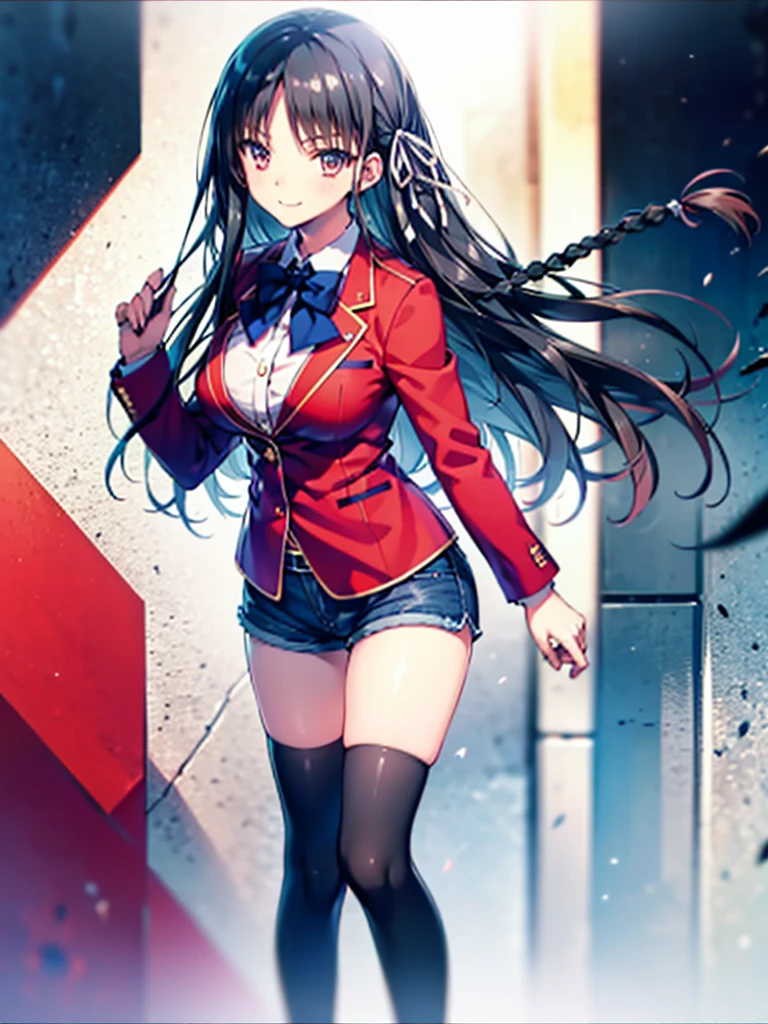 (8K, Highest quality, Highest quality, masterpiece), aasuzune, long hair, black hair, (single braid:1.2), hair ribbon, red jacket, blazer, blue bowtie, long sleeves, black thighhighs, smile, denim hot shorts, mini shorts, big breasts