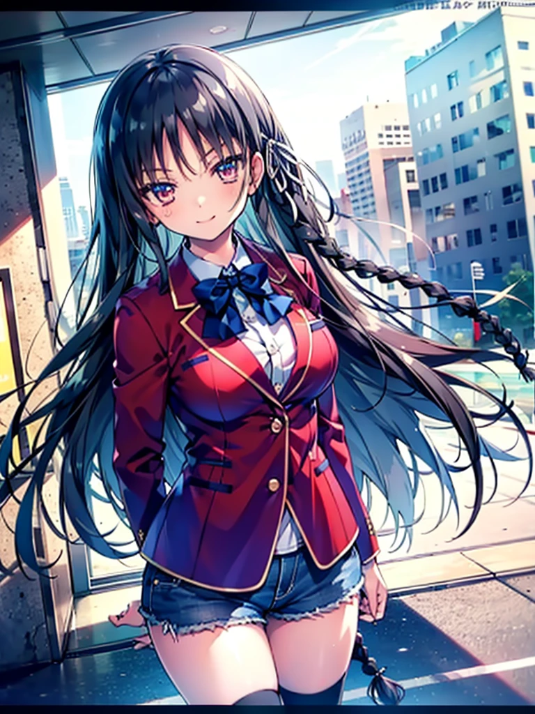 (8K, Highest quality, Highest quality, masterpiece), aasuzune, long hair, black hair, (single braid:1.2), hair ribbon, red jacket, blazer, blue bowtie, long sleeves, black thighhighs, smile, denim hot shorts, mini shorts, big breasts
