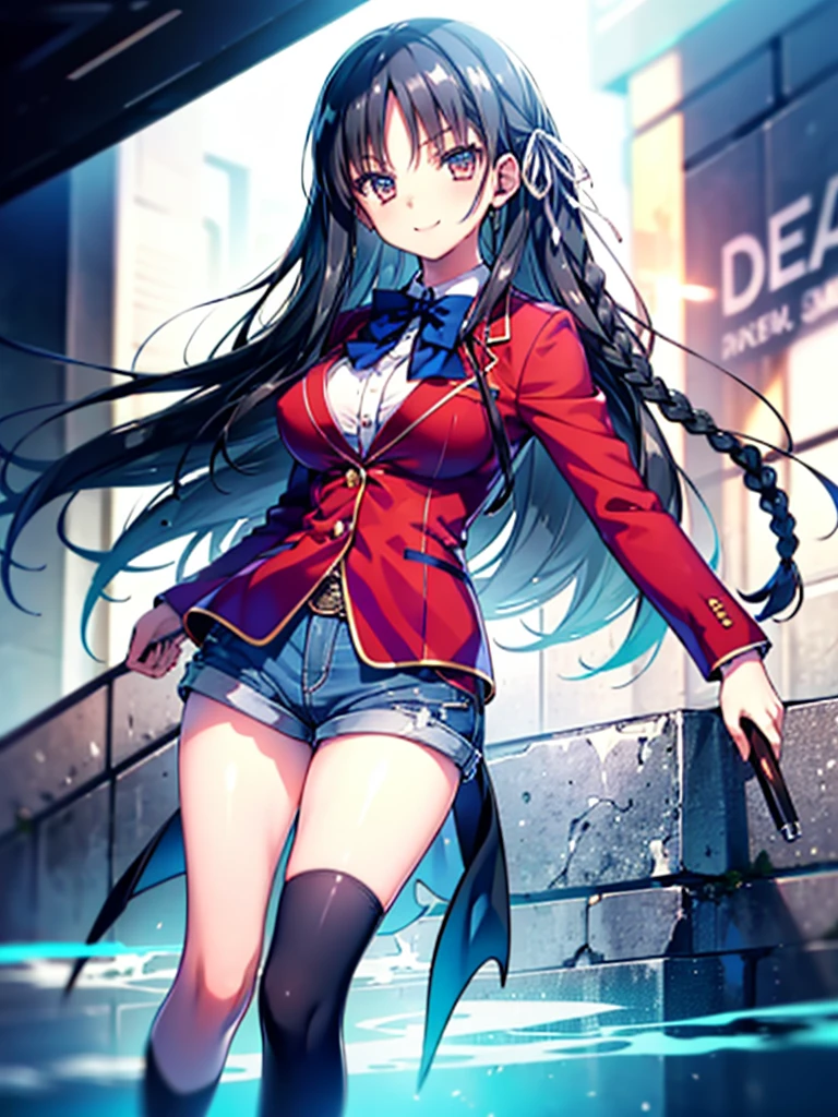 (8K, Highest quality, Highest quality, masterpiece), aasuzune, long hair, black hair, (single braid:1.2), hair ribbon, red jacket, blazer, blue bowtie, long sleeves, black thighhighs, smile, denim hot shorts, mini shorts, big breasts