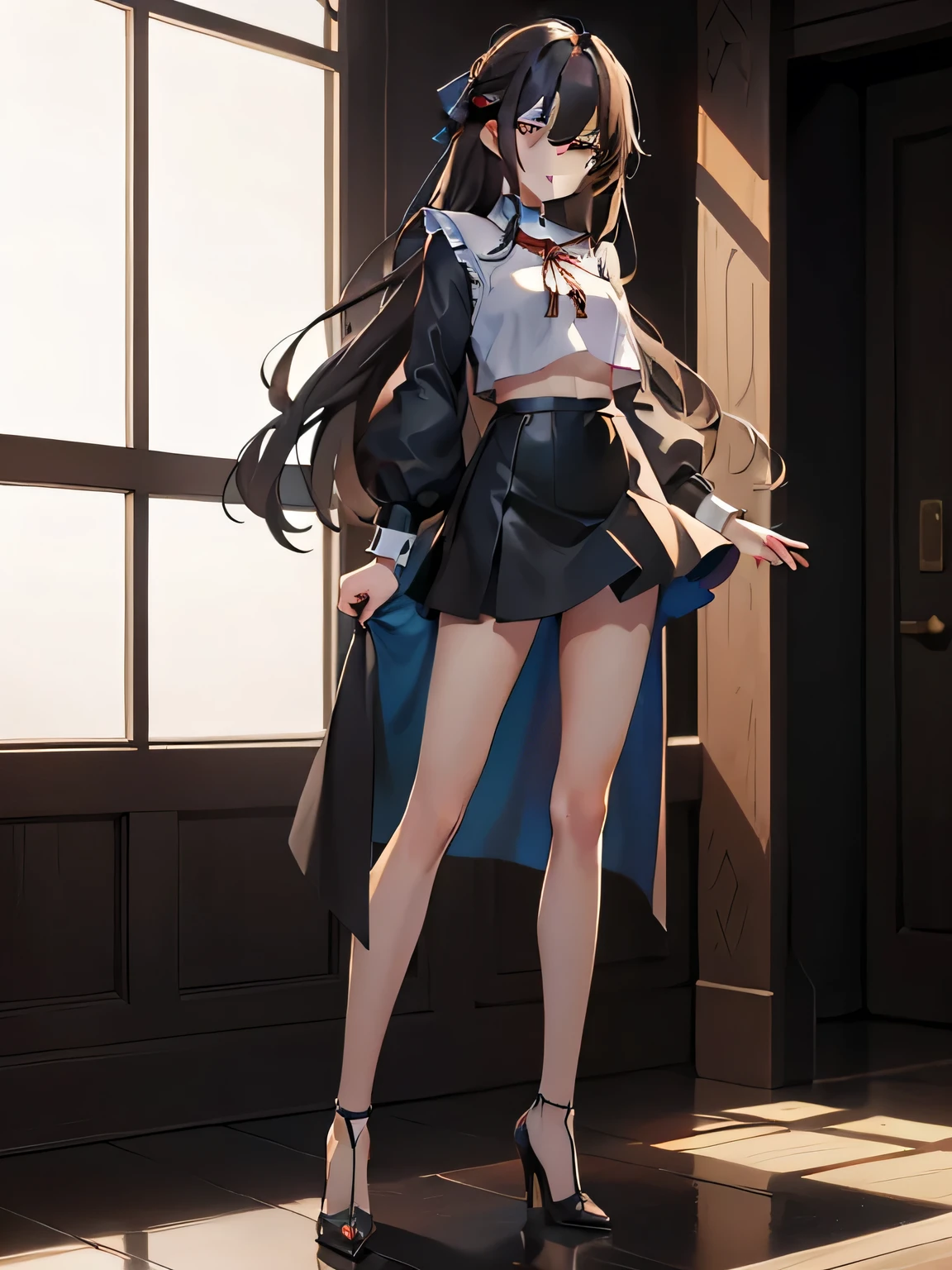 ムラムラする女の子、(dark brown eyes:1.2),1 girl、long legs,Silver Hair、Dark brown eyes、Shining Eyes、Crop top、mini skirt、Parted lips、1woman wearing trendy clothes, in an abstract oil painting style, fashion show, The painting is ultra-high detailed and has a resolution of 8k, showcasing the best quality,creating a mysterious atmosphere , luminous design, vivit colours,spring lights,Artistic,azure, red, (Bare legs:1.1), (black high heels), black short skirt