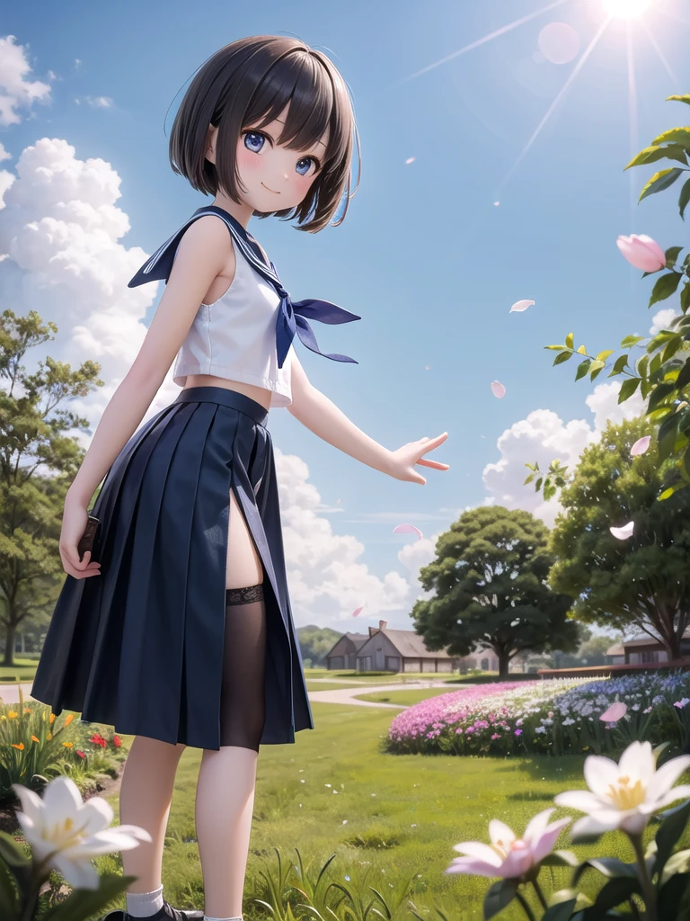 (masterpiece), town, blue sky, One Girl, smile, alone, Sailor suit、Long skirt, Overgrown, petal, plant、Skirt lining、Translucent slip、Nostalgic、Strong winds、Skirt fluttering in the wind